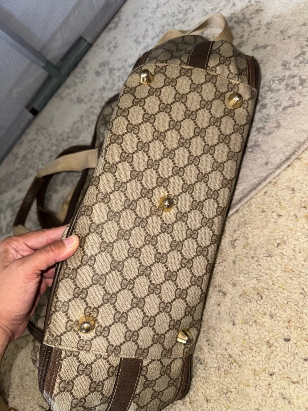 Vintage Gucci Beige Monogram Travel Bag with Brown Trim